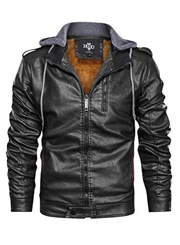 HOOD CREW Men's Faux Leather Zip-Up Motorcycle Jacket with Removable Hood