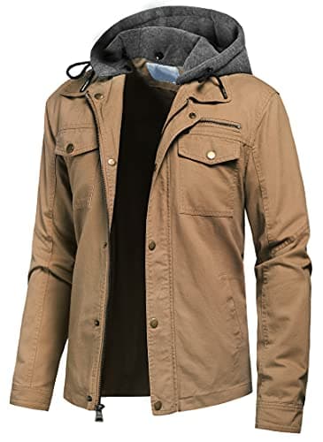 Pursky Men's Canvas Cotton Casual Field Jacket with Removable Hood