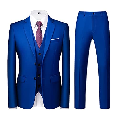 KUDORO Mens Slim Fit 3 Piece Tuxedo Suit Two Button Jacket & Trouser Vest Casual Wedding Prom