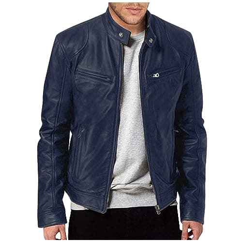 Black Mens Leather Motorcycle Jacket Lightweight Slim Fit Bomber Coat