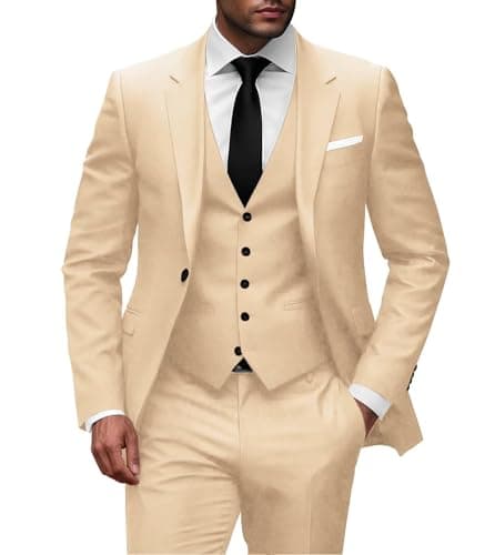 Wangyue Men Slim Fit 3-Piece Solid Wedding Suit Single Breasted Blazer Vest Pants Set