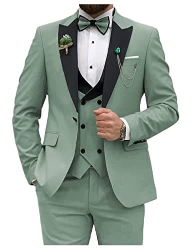 HUUTOE Men's Slim Fit Double Breasted Suit 3-Piece Wedding Prom Business Blazer Vest Pants Tie