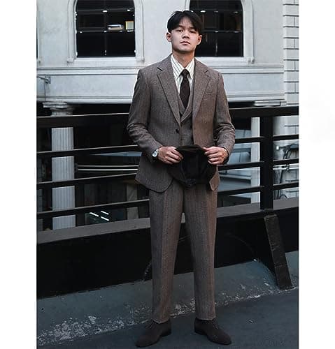 Tuikayoo Mens Formal Tweed Wool 3 Piece Slim Fit Suit Prom Tuxedo Groomsmen