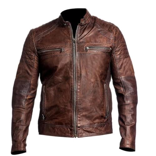 DECIMAL Men's Black & Brown Genuine Lambskin Leather Biker Jacket VINTAGE MOTORCYCLE JACKETS