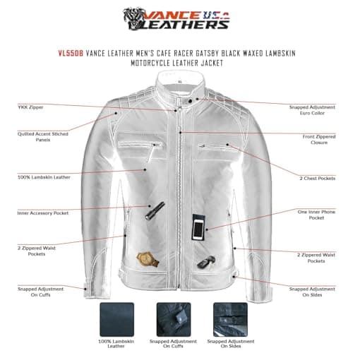 Vance Leather Men's Austin Brown Waxed Lambskin Cafe Racer Motorcycle Jacket