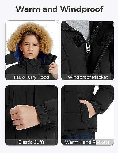 wantdo Boys' Warm Winter Waterproof Thick Puffer Jacket with Removable Hood