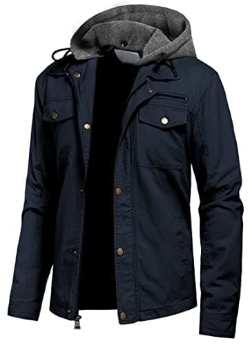 Pursky Men's Canvas Cotton Casual Field Jacket with Removable Hood