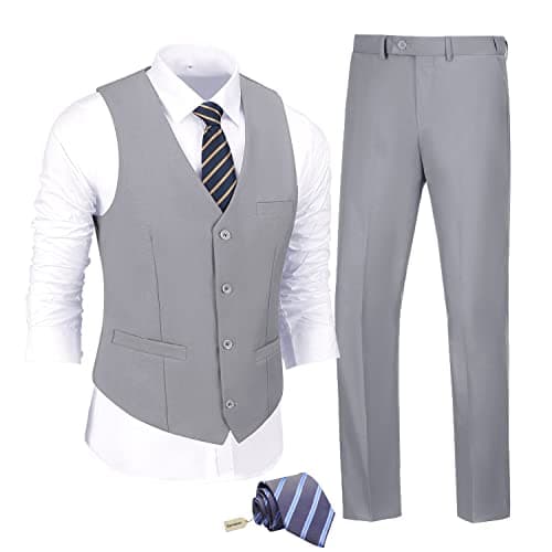 JPF Men's Slim Fit Suit Set - Solid Vest & Pants with Tie