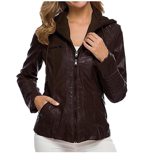 YMADREIG Women's Faux Leather Zip-Up Hooded Moto Jacket