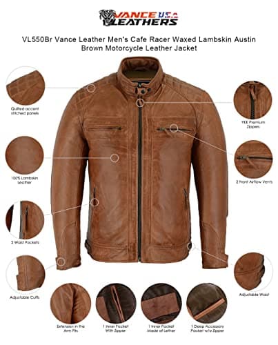 Vance Leather Austin Brown Men's Waxed Lambskin Cafe Racer Motorcycle Jacket