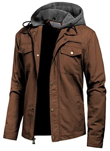 Pursky Men's Canvas Cotton Casual Field Jacket with Removable Hood