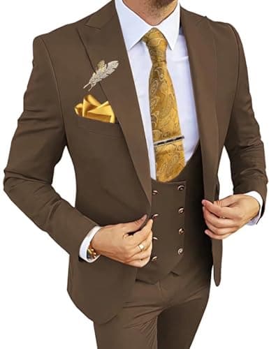 Wangyue Men's 3-Piece Slim Fit Double Breasted Suit for Business, Weddings & Proms