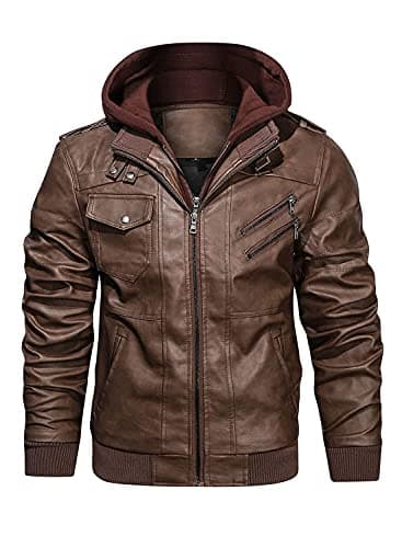 HOOD CREW Men's Casual PU Faux Leather Zip-Up Bomber Jacket with Removable Hood