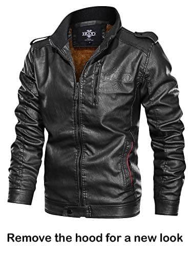 HOOD CREW Men's Faux Leather Zip-Up Motorcycle Jacket with Removable Hood
