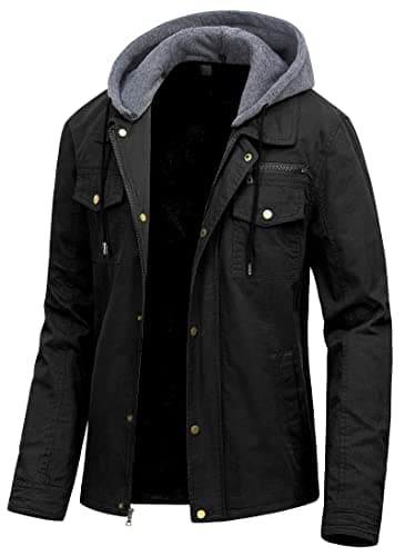 Pursky Men's Canvas Cotton Casual Field Jacket with Removable Hood