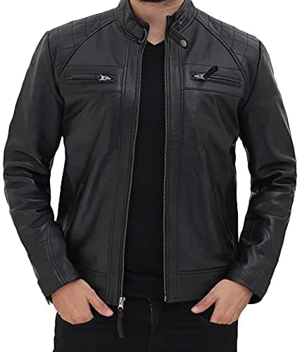 Fjackets Quilted Lambskin Leather Cafe Racer Jacket - Men's Zip Up Moto Jacket