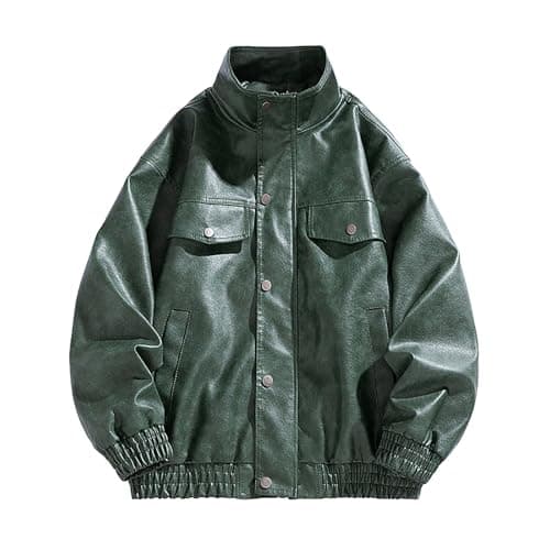 Men's Motorcycle Leather Jacket with Stand Collar and Pockets