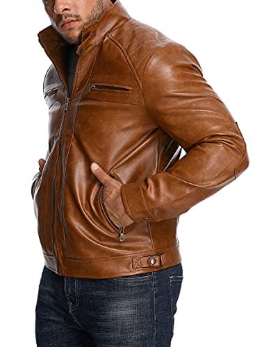 Men's Stand Collar Faux Leather Motorcycle Jacket by HOOD CREW