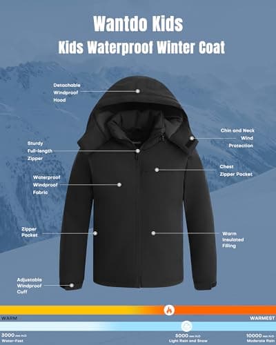 Boys' Winter Waterproof Windbreaker Coat with Removable Hood