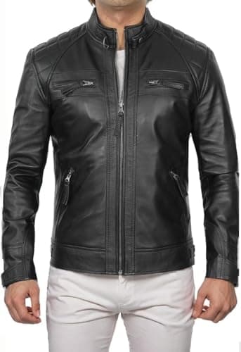 DECIMAL Men's Black Genuine Lambskin Leather Biker Jacket