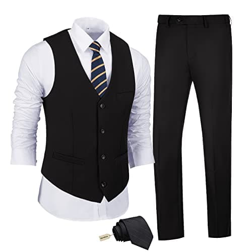 JPF Men's Slim Fit Suit Set - Solid Vest & Pants with Tie