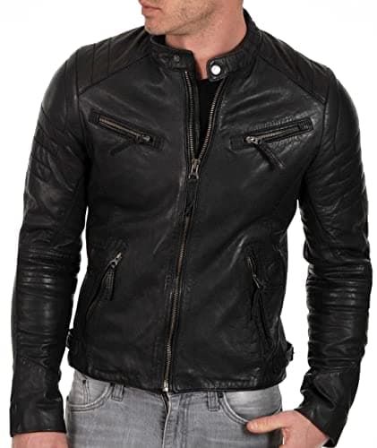 DECIMAL Men's Black & Brown Genuine Lambskin Leather Biker Jacket VINTAGE MOTORCYCLE JACKETS