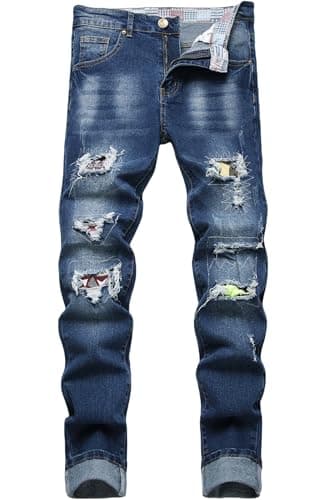 Slim Fit Ripped Distressed Stretch Jeans for Men