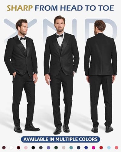 YND Men's Slim Fit Wedding Tuxedo Set with Peak Lapel Jacket, Double Breasted Vest & Pants