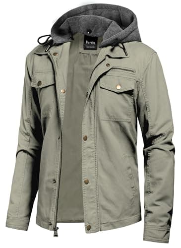 Pursky Men's Canvas Cotton Casual Field Jacket with Removable Hood