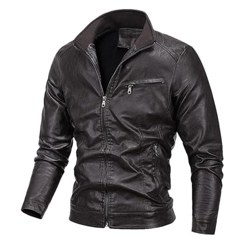 Vintage Men's Leather Stand Collar Faux Biker Jacket | Waterproof Long Sleeve