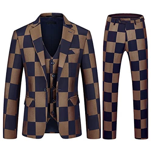 KUDMOL Mens Vintage Plaid Suit 3-Piece Casual Tuxedo for Weddings and Business Parties