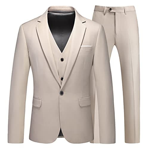 KUDMOL Men's Slim Fit 3-Piece Solid Suit Blazer Vest & Pant Set for Business Wedding Formal Prom