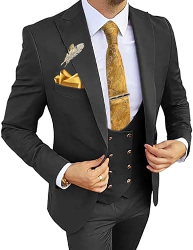 Wangyue Men's 3-Piece Slim Fit Double Breasted Suit for Business, Weddings & Proms