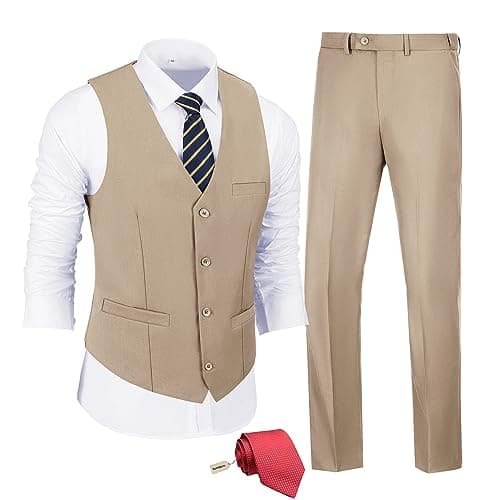 JPF Men's Slim Fit Suit Set - Solid Vest & Pants with Tie
