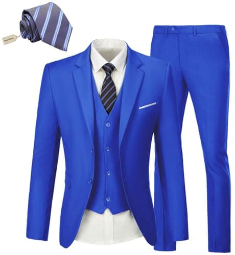 KLAYOVE Men's Slim Fit 3-Piece Wedding Tuxedo Set with Blazer, Vest, Pants, and Tie