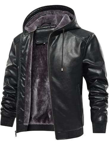 Men's Faux Leather Padded Bomber Jacket with Hood