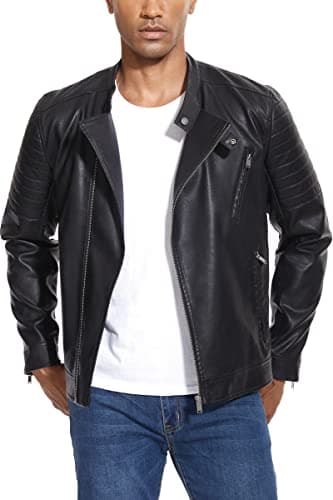 Men's Black Faux Leather Bomber Jacket - Lightweight Slim Fit Motorcycle Coat