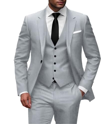 Wangyue Men Slim Fit 3-Piece Solid Wedding Suit Single Breasted Blazer Vest Pants Set