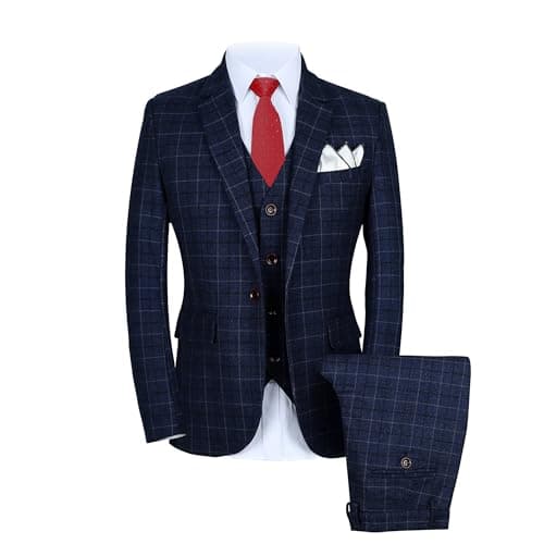 Mogue Men's 3-Piece Slim Fit Plaid Suit for Wedding, Prom, and Business