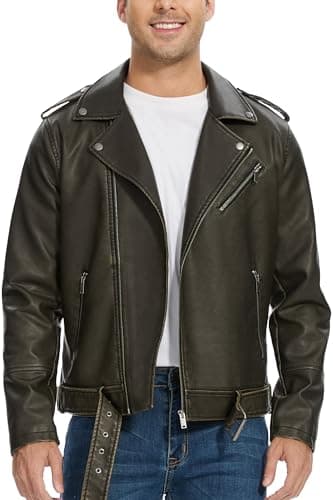 Men's Fahsyee Faux Leather Bomber Jacket with Zip-Up BeltSlim Fit Motorcycle Style
