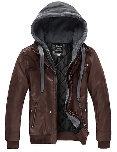 Wantdo Men's Faux Leather Casual Warm Hooded Winter Motorcycle Jacket