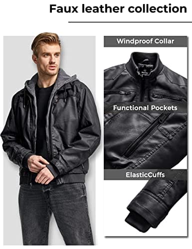 Wantdo Men's Faux Leather Hooded Motorcycle Jacket Warm Winter Coat
