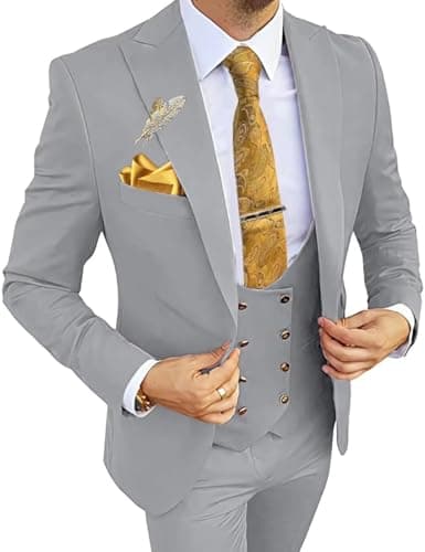 Wangyue Men's 3-Piece Slim Fit Double Breasted Suit for Business, Weddings & Proms
