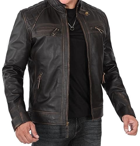 Men's Quilted Cafe Racer Leather Jacket by Blingsoul