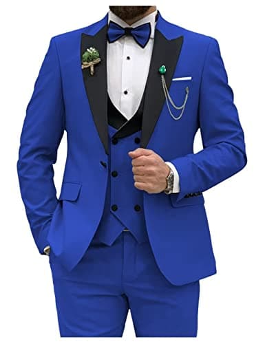 HUUTOE Men's Slim Fit Double Breasted Suit 3-Piece Wedding Prom Business Blazer Vest Pants Tie
