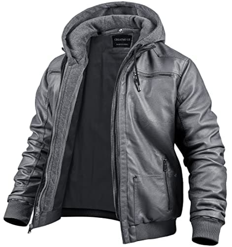 Men's Faux Leather Motorcycle Jacket with Removable Hood