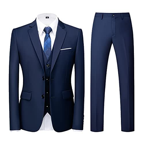 KUDORO Mens Slim Fit 3 Piece Tuxedo Suit Two Button Jacket & Trouser Vest Casual Wedding Prom