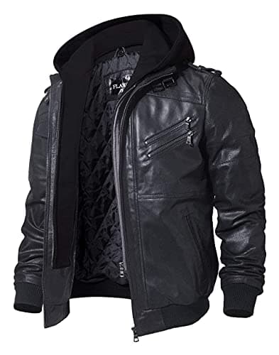 FLAVOR Men's Brown Leather Motorcycle Jacket with Removable Hood