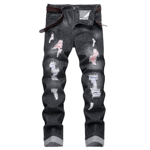 COOSVEN Men's Ripped Slim Straight Denim Jeans with Holes