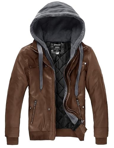 Wantdo Men's Faux Leather Casual Warm Hooded Winter Motorcycle Jacket